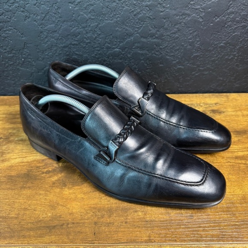 Hugo Boss 50261883 Black Leather‎ Braided Bit Loafers Mens 10.5